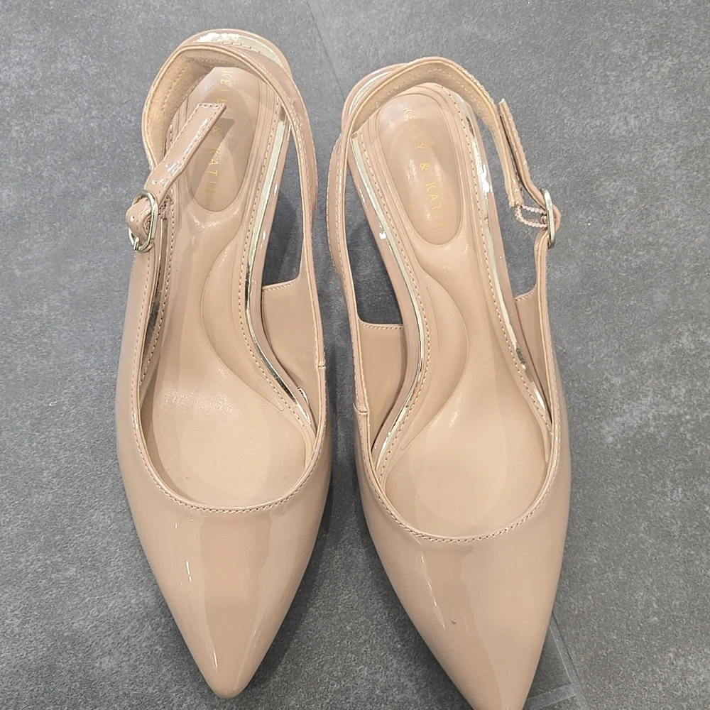 Kelly & Katie Beige Patent Pointed Toe Slingback Pump - Picture 3 of 8
